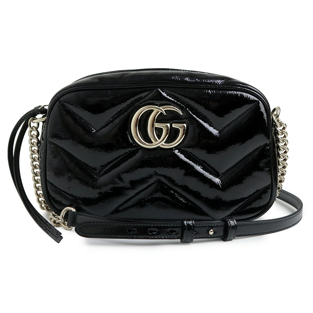 Gucci GG Marmont Enamel Chain Chevron Quilted Vernis Leather Black Bag Crossbody